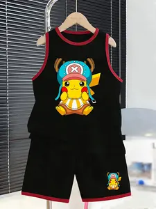 Summer Boys' Sports Set, Pikachu Cos Jolteon Cartoon Pattern, Sleeveless Vest + Short Pants Two-Piece, Breathable Casual Wear