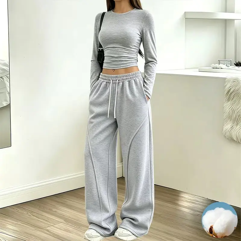 Women's Cotton Casual Straight-Leg Long Bottoms - Loose, Basic, Machine-Washable, Drawstring Waist for Adjustable Fit, Suitable for Streetwear, Everyday Outings, Baggy, Mid Waist, Drawstring Fit