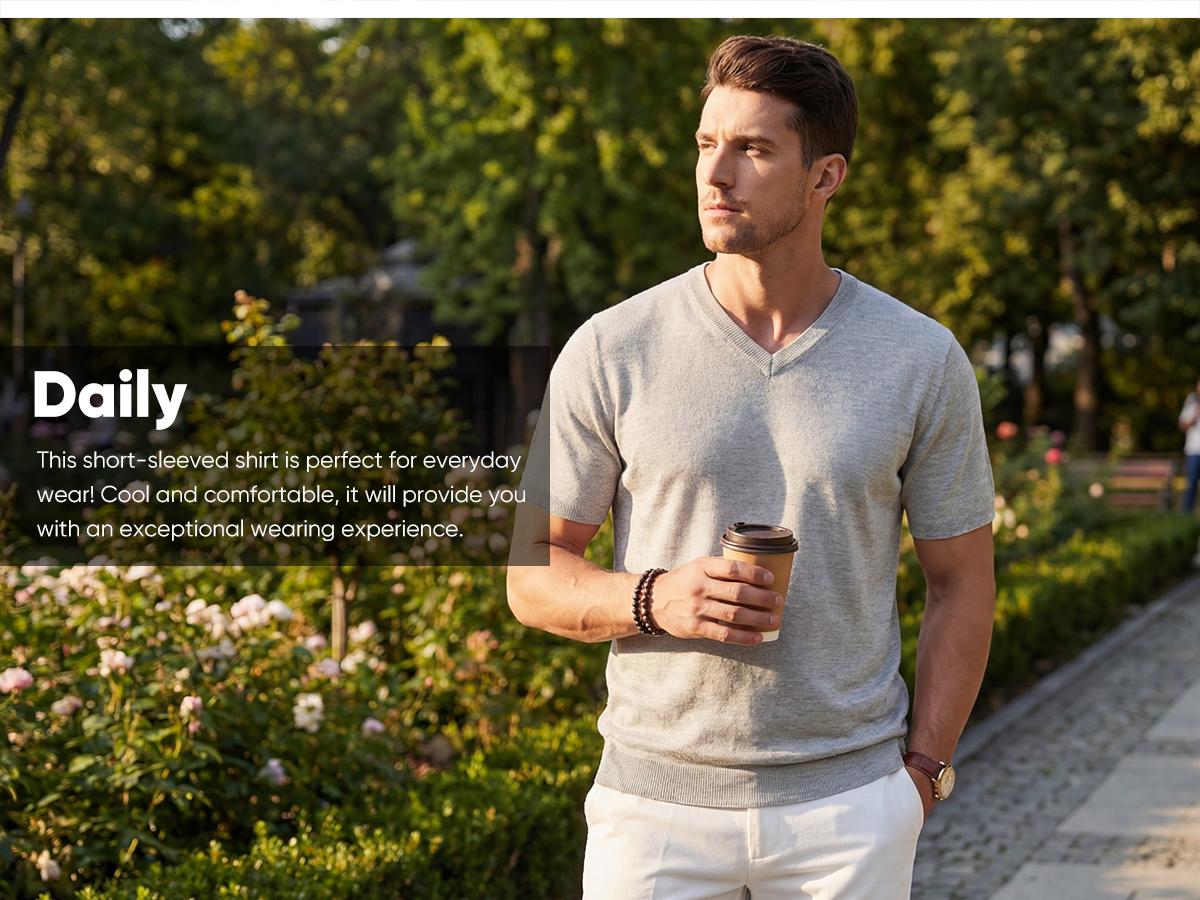 JMIERR Men's Wool Blend Short Sleeve V-Neck Sweater Soft Textured Knit Pullover for Business Casual Wear