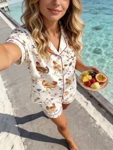 Women's Short Sleeve Shorts Cardigan Pajama Set Loungewear, Watercolor Chicken & Floral Print, Casual Slim-Fitting Home Wear