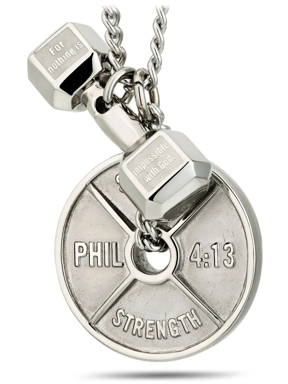 Shields of Strength Men's Stainless Steel Weight Plate and Dumbbell Combo Pendant Necklace Inscribed with Bible Verse for Weightlifters - Christian Gifts