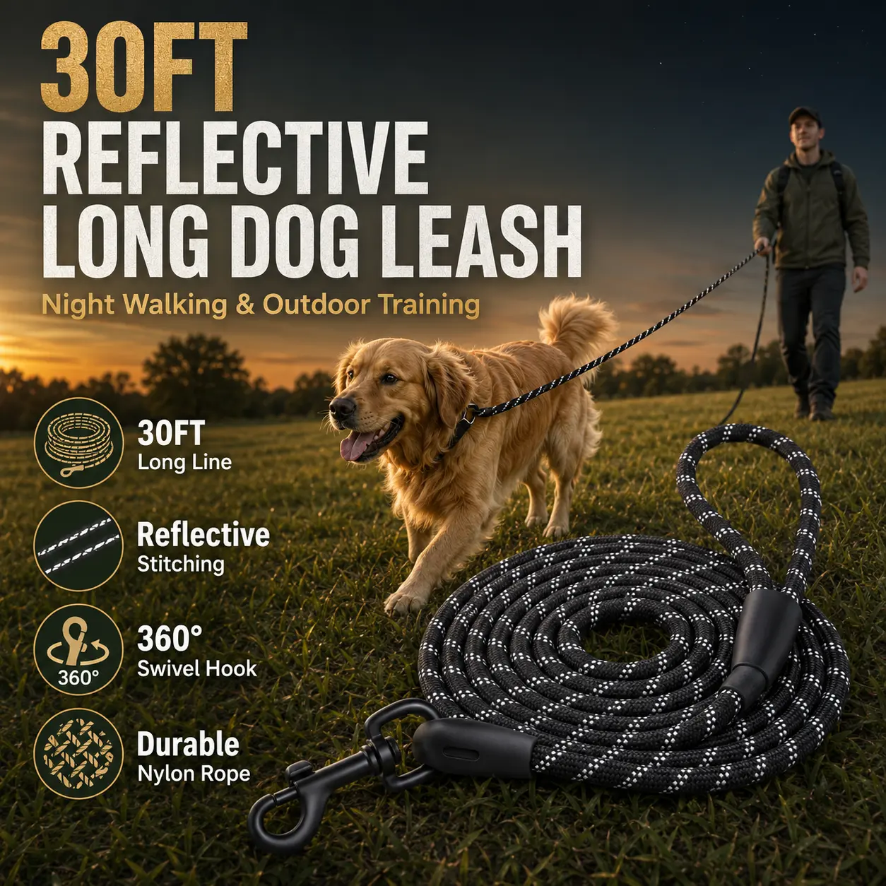 30FT Reflective Long Dog Leash for Night Walking and Outdoor Training, Nylon Rope Recall Lead with Swivel Hook for Small Medium Large Dogs, Hiking Camping Agility Exercise and Backyard Play, Black