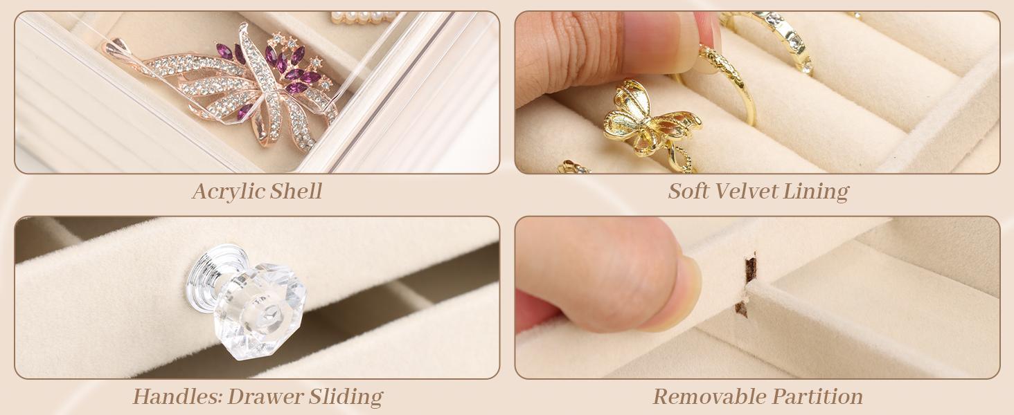 Acrylic Jewelry Organizer Box 5 Drawers Clear Velvet Lined Storage Case with Stackable Design Removable Dividers Tangle Free for Earrings Necklaces Rings Bracelets Vanity Display Box for Women with Cleaning Cloth