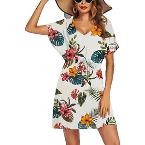 Womens Swimsuit Coverup Short Sleeve Beach Cover Up Dress V Neck Bikini Beachwear