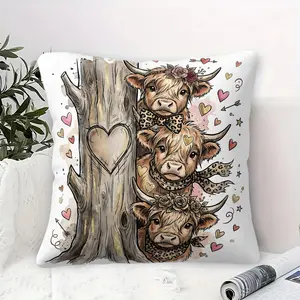 Adorable Highland Cows Throw Pillow with Digital Print,Contains Pillow Core,45cm Square Cushion Featuring Floral and Leopard-Print Accessories, Heart and Star Decorative Elements, Perfect for Cozy Bedroom and Romantic Living Room Decor!