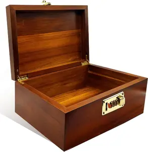 Large Wooden Box with Hinged Lid with Combination Lock, Storage Box Decorative Lockable Chest for Keepsakes, Valuables, Accessories, Treasured Items(Code No Grid)
