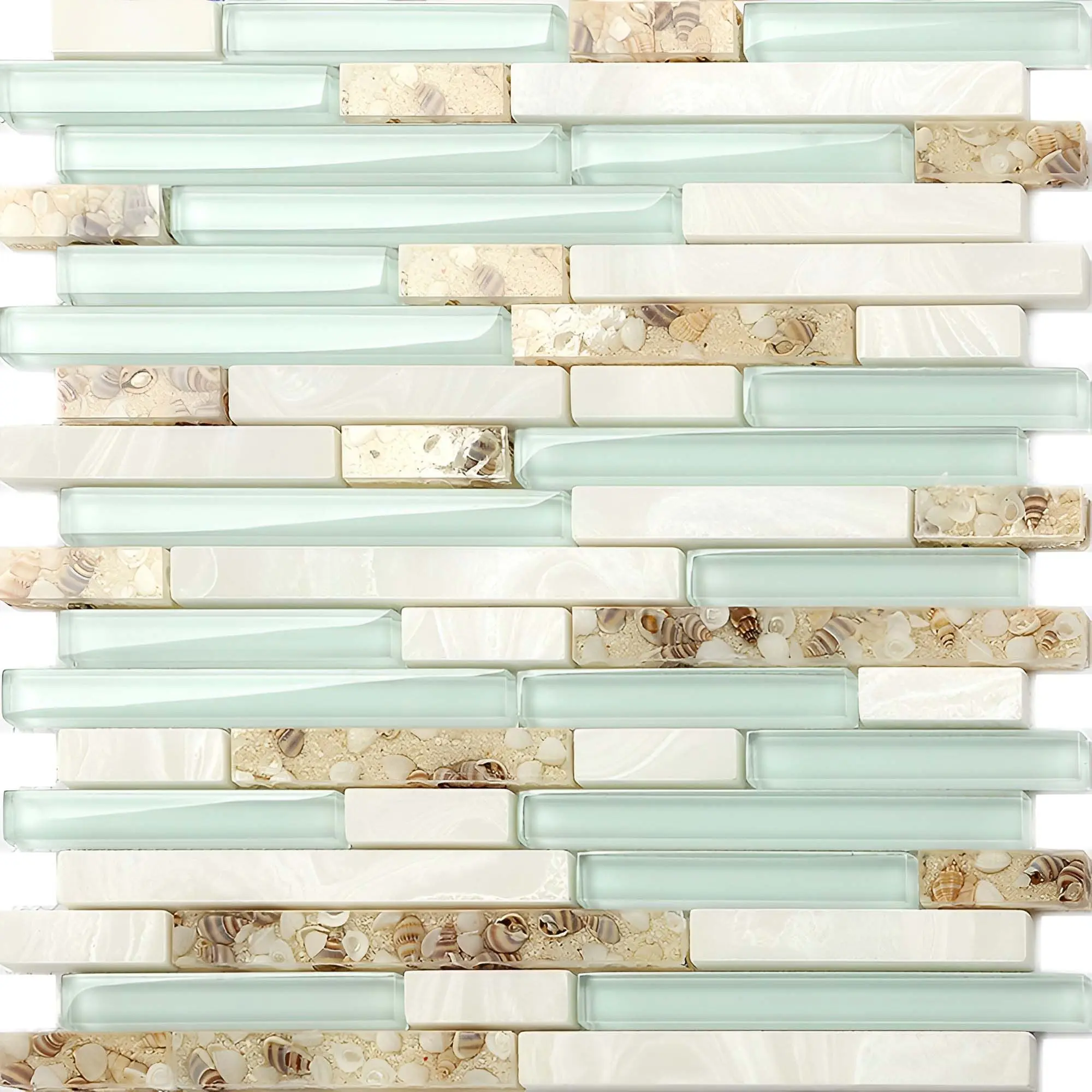 Beach Style Tile Real Seashell Conch Inside Lake Green Glass White Stone Linear Mosaic Coastal Kitchen Backsplash Decor Decorative Stickers Wall