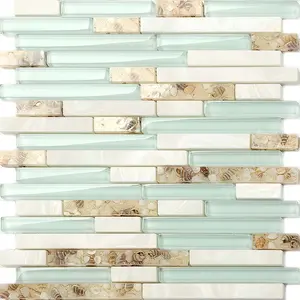 Beach Style Tile Real Seashell Conch Inside Lake Green Glass White Stone Linear Mosaic Coastal Kitchen Backsplash Decor Decorative Stickers Wall