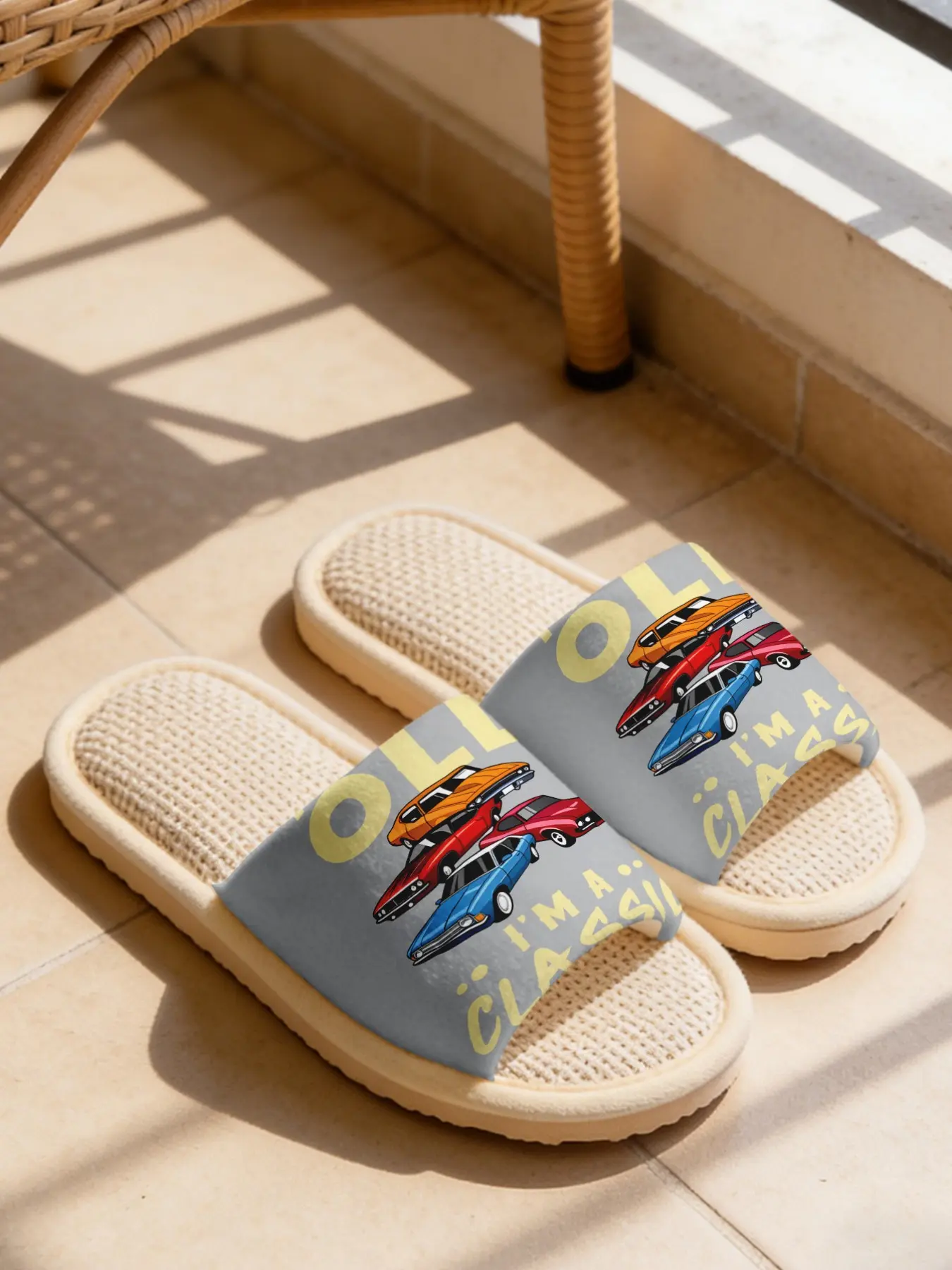Women's Retro Car Print Linen Slippers, Breathable Sweat-Wicking Eva Sole, Anti-Slip Silent Home Shoes, All-Season Casual Footwear
