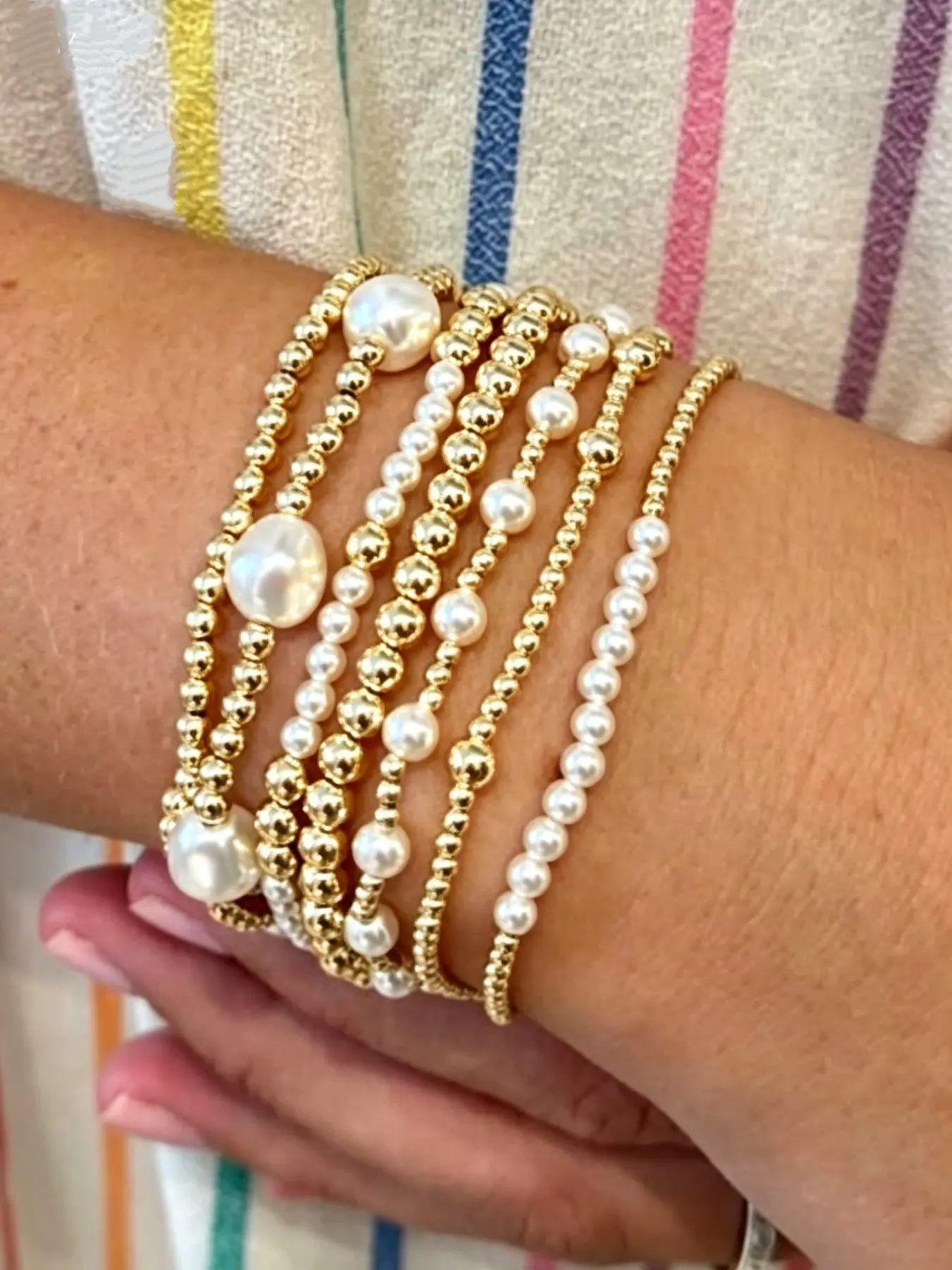 7pcs Fashion Ccb Gold Bead Artificial Pearl Multi-Layer Elastic Bracelet Set, Beaded Bracelet Sets Stackable Women's Bracelets for Daily, Vacation, Party Accessories