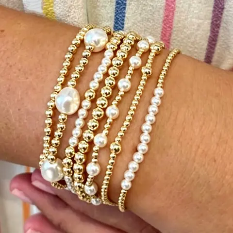 7pcs Fashion Ccb Gold Bead Artificial Pearl Multi-Layer Elastic Bracelet Set, Layered Bracelet Set, Beaded Bracelet Sets Stackable Women's Bracelets for Daily, Vacation, Party Accessories