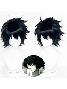 Death Note L Lawliet Al Rolette Cosplay Wig, Reverse Curl Anime Style Short Hair, Synthetic Fiber Wigs for Live Shows, Comic Book Look