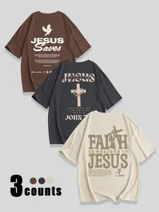 Breathable Casual Loose-Fit Round Neck T-Shirt, Tops, 'save Jesus' Print, Perfect Christian Clothing for Girls, Daily Wear, Pack of 3