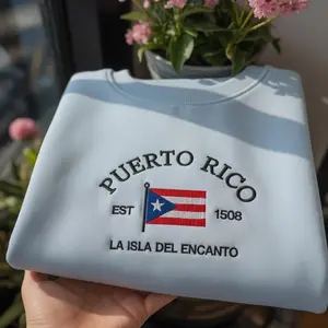 Puerto Rico La Isla Del Encanto Embroidered Sweatshirt, Vintage PR Flag Crewneck, Retro Est 1508 Pullover, Aesthetic Travel Gift Shirt