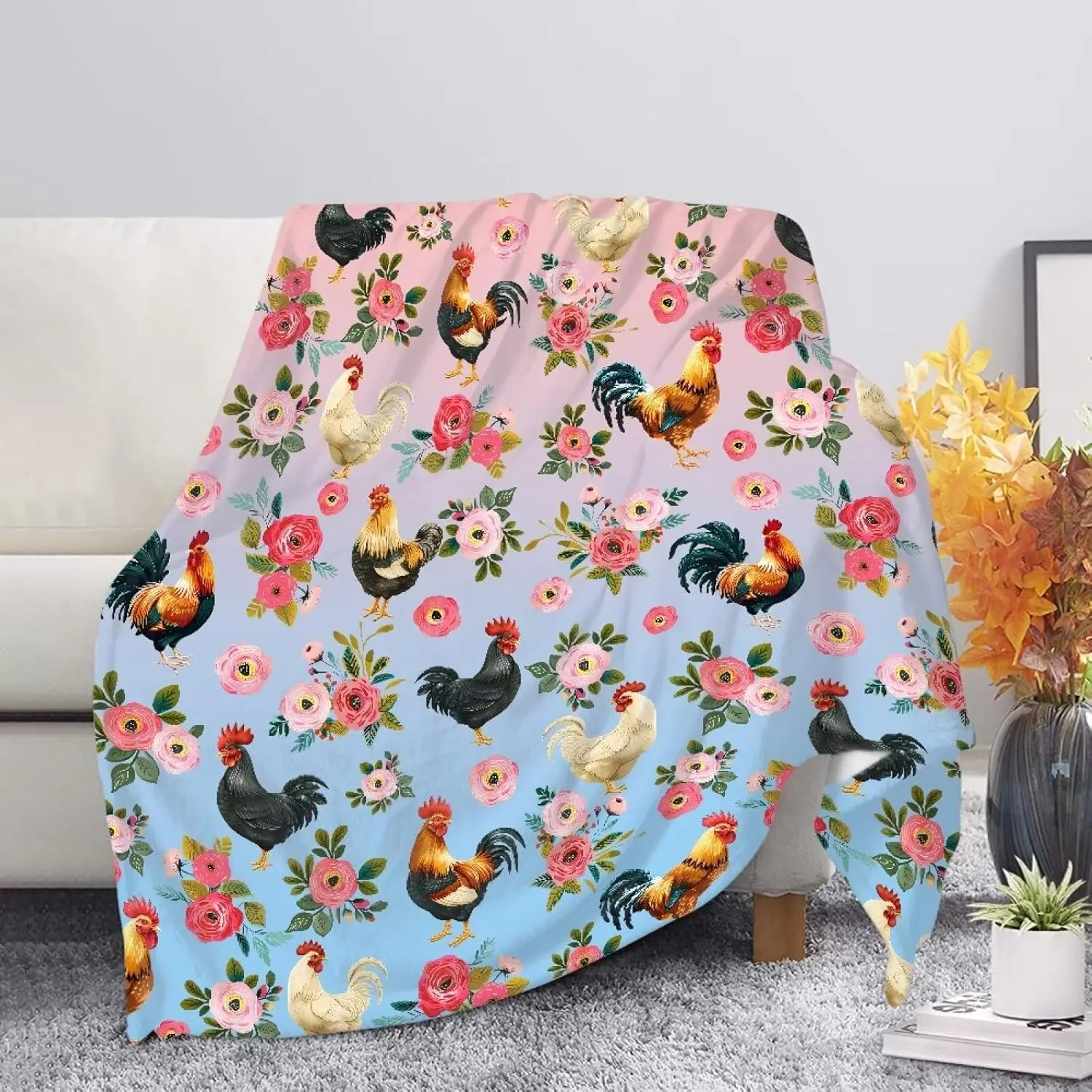 Soft Fabric Rooster & Floral Pattern Bird Motif Cooling Blanket - 1 Count Air-Conditioned Room Throw, Warm Nap Blanket for Home & Office