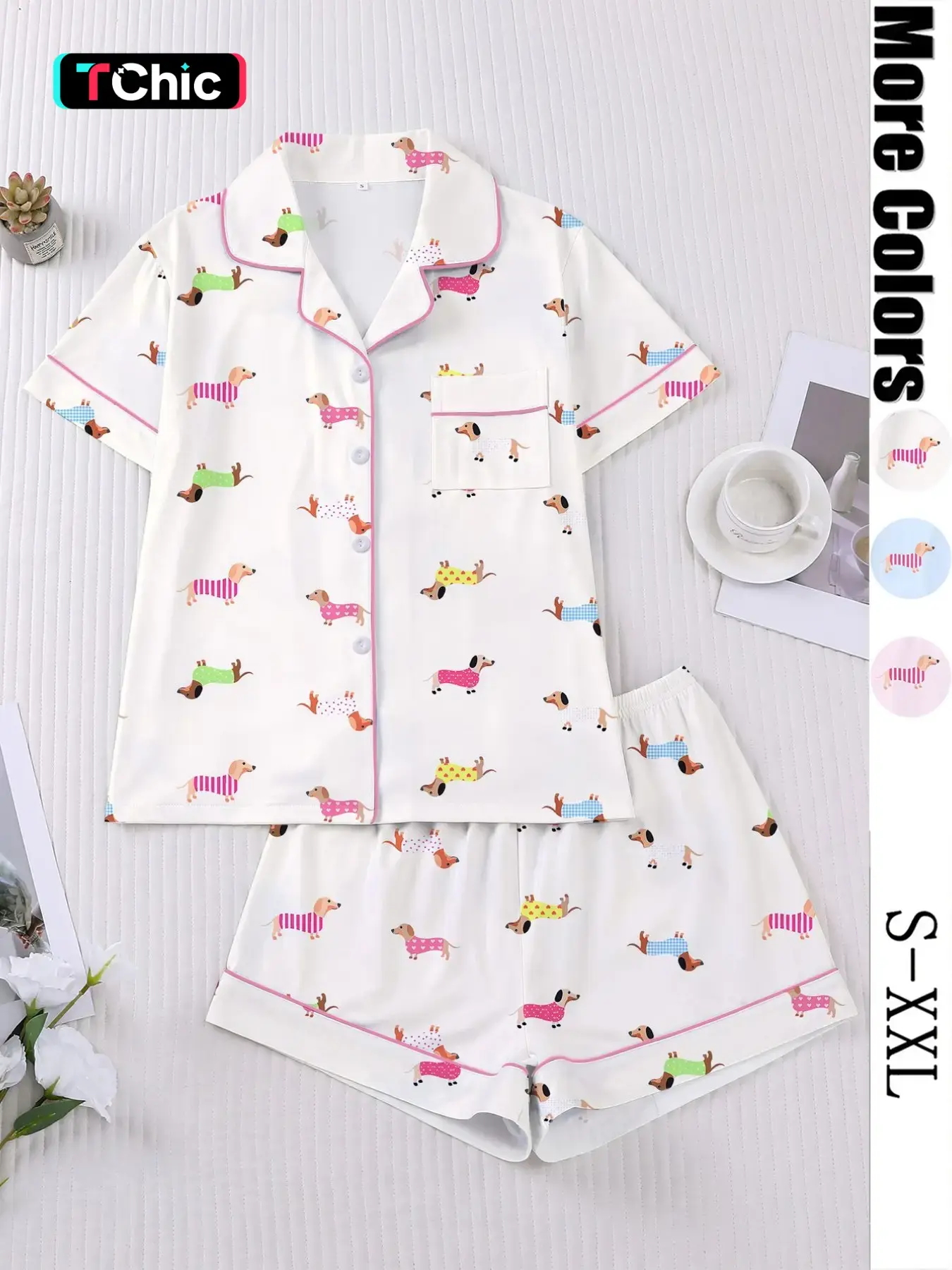 Women's Cartoon Dog Print Sleepwear Set, Casual Fitted Short Sleeve Top & Elastic Shorts, Comfortable Home Wear for Spring & Summer, Pajama Set, Soft Sleepwear & Loungewear, Lounge Pjs Set
