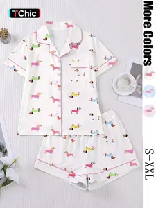 Women's Cartoon Dog Print Sleepwear Set, Casual Fitted Short Sleeve Top & Elastic Shorts, Comfortable Home Wear for Spring Summer