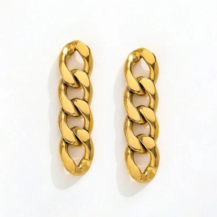 ER20 Link Chain - 18K Gold Finished Link Chunky Chain Stud Earrings | Cuban Dangle Drop Earrings for Women