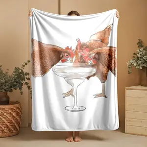 1 piece Three hens drinking from the water cup themed flannel blanket - Super soft fluffy flannel sofa blanket, suitable for beds and sofas, all-season use, modern geometric pattern design, digital printing, 100% polyester material, machine