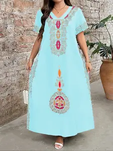 Plus Size Women's V Neck Short Sleeve Embroidered Dress, Bohemian Vintage Aesthetic Style, Mixed Fabric, Floral Design, Casual Home Wear