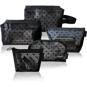 5PCS Heart Pattern Cosmetic Bags Set Multiple sizes Breathable Mesh Travel Makeup Pouches, Large Capacity Pencil Organizer - Perfect for Travel & Everyday Use - Home Improvement.