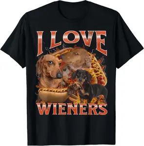100% Cotton I Love Wieners Funny Offensive Dachshund Bootleg Graphic T-Shirt