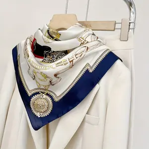 27.6" Blue Chain Rint Bandana Vintage Imitation Silk Square Scarf Elegant Neckerchief Casual Head Wrap Hair Accessories