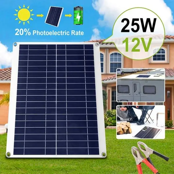 Polycrystalline Solar Panel, 25W Flexible Bendable Charger with High Conversion Efficiency, Dual USB Ports, Energy Saving, IP68 Waterproof, Alligator Clip & 4x Suction Cups-1974, 553G