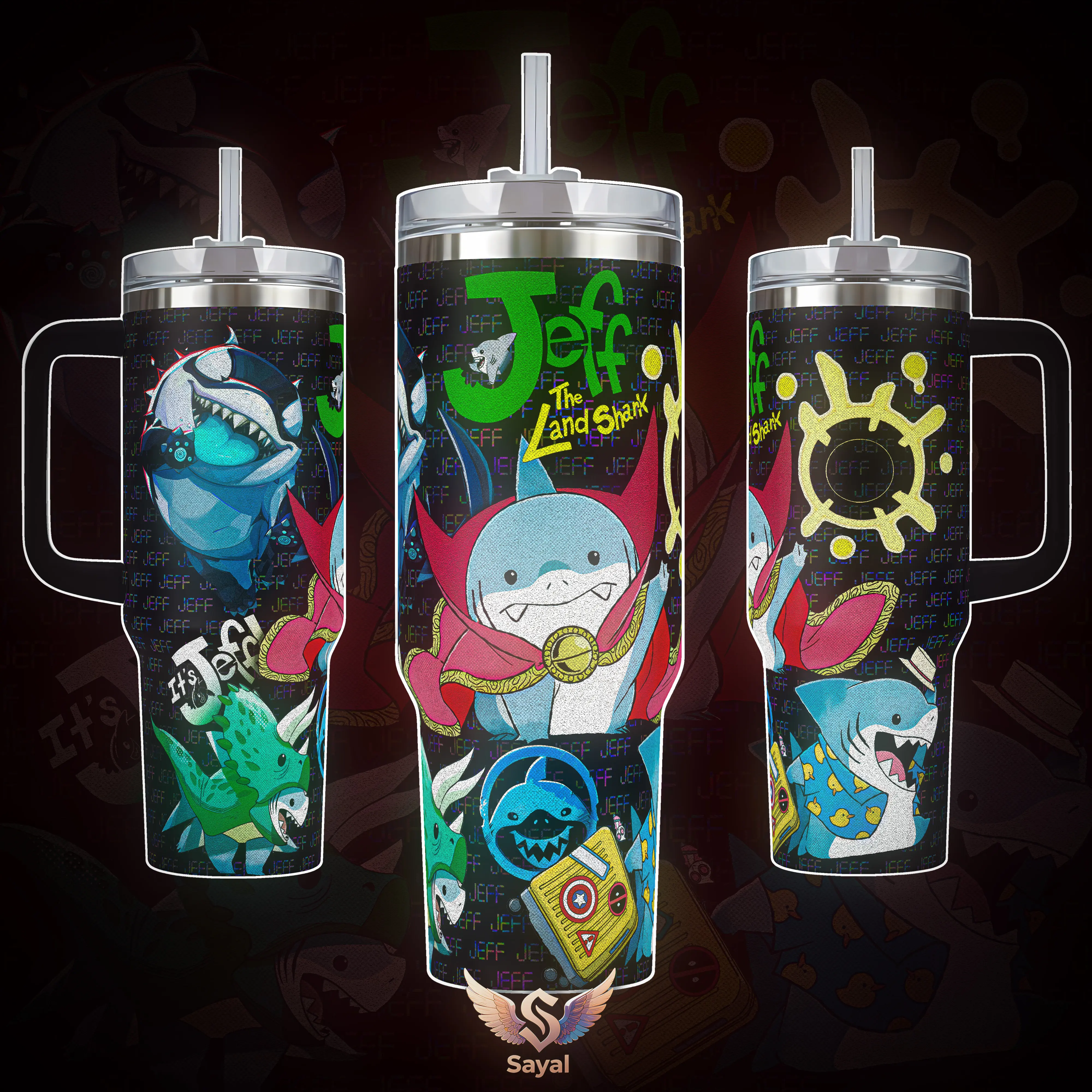 Jeff The Land Shark MV Rivals 40oz Tumbler Green Text Pattern
