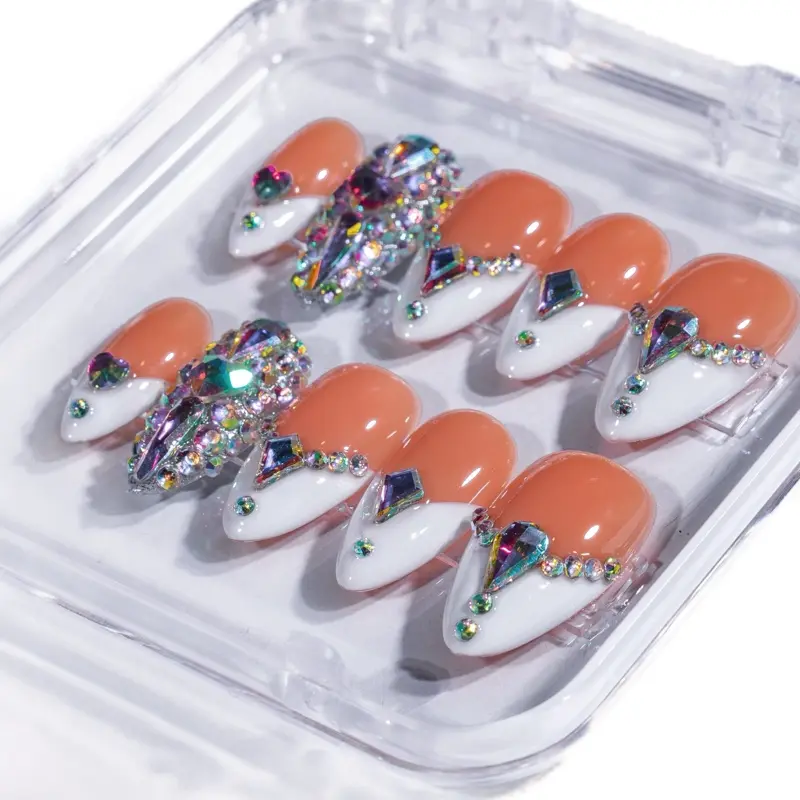 LikeTeTe Luxury Press On Nails – 1” Sharp Almond, white french Rhinestone Glam acrylic press on nails set salon nails Marble Pattern