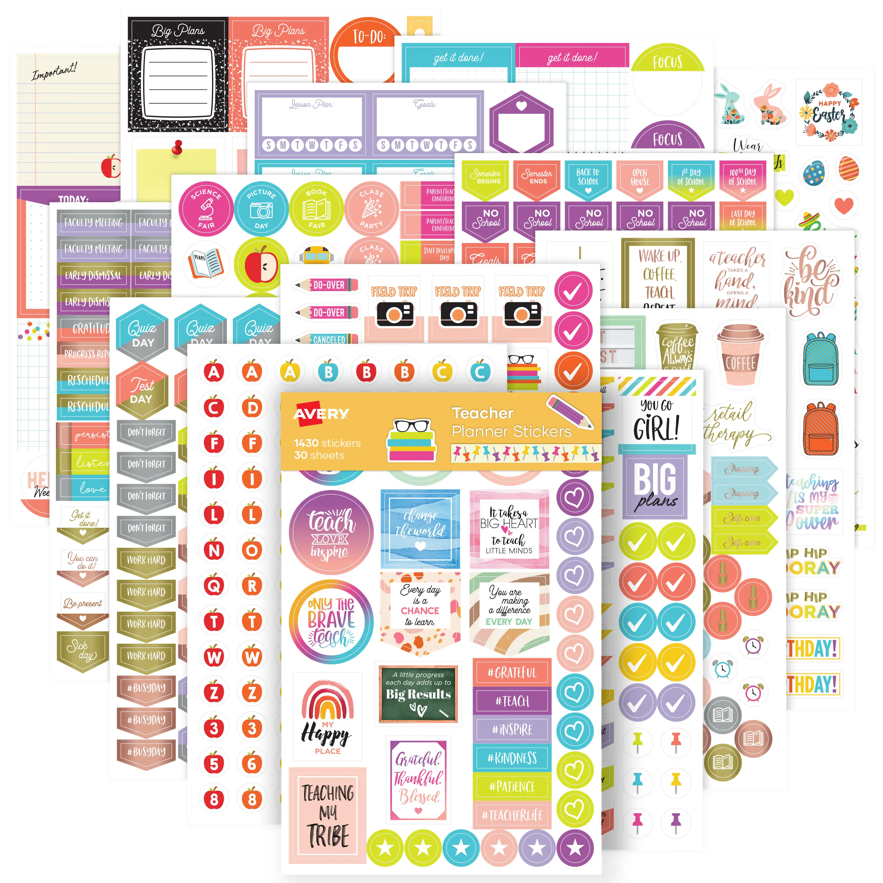 Avery Teacher Planner Stickers Pack, 30 Sheets of Teacher Planner Stickers, Set of 1,430 Stickers for Your Planner, Journal or Calendar (6781)