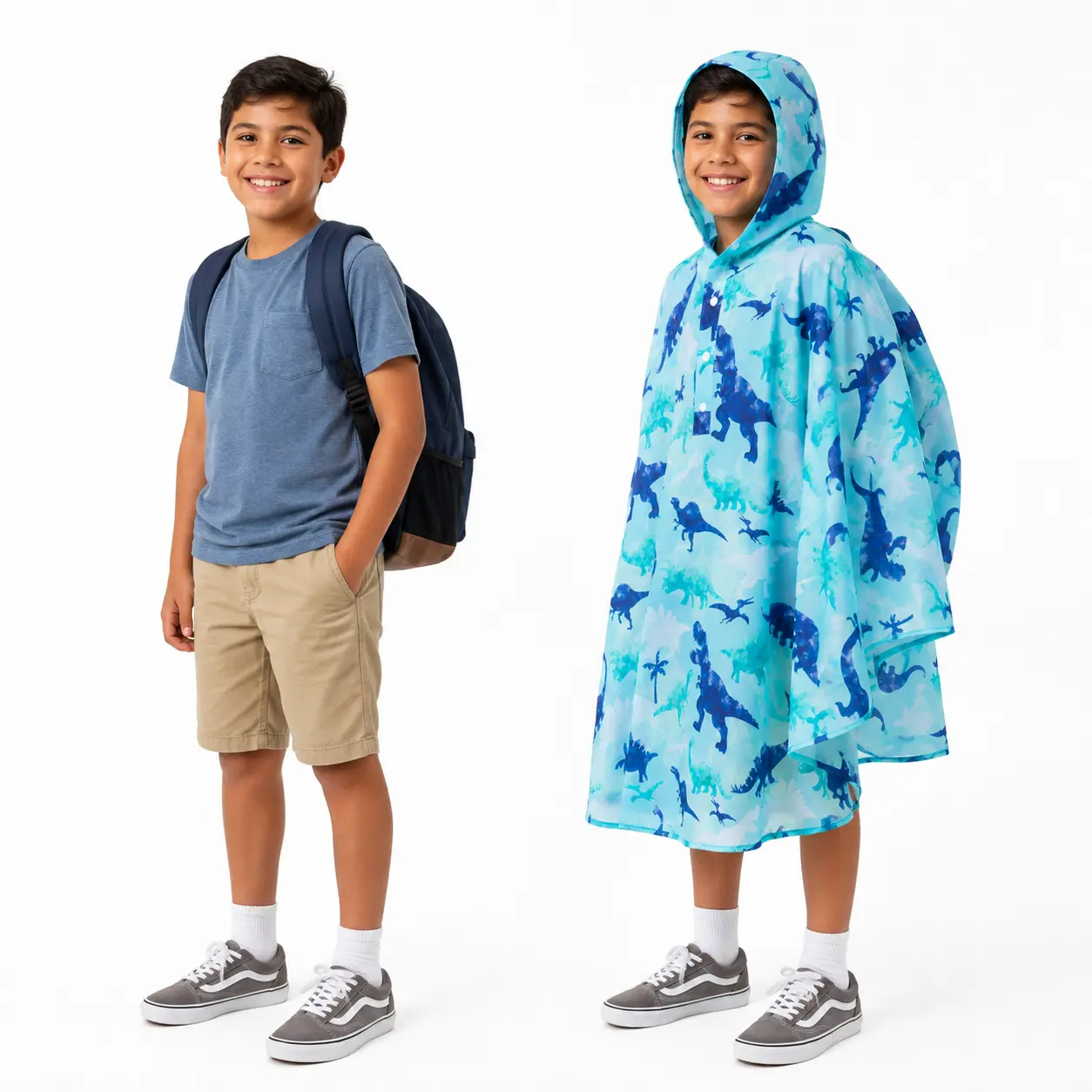 WERNNSAI Elementary School Kids Rain Poncho, Waterproof Hooded Rain Suit, Back to School Rainproof Gear, Reusable Lightweight EVA for Boys Girls Ages 3-10, Dinosaur & Rainbow Print, Backpack-Friendly Portable Storage Pouch, All Seasons, Chubasquero Niños