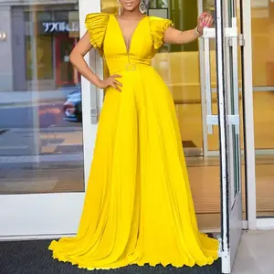 Summer Autumn Clothes Elegant Pleated Jumpsuits & Rompers for Women V Neck Ruffles Belt Waisted High Waisted Floor Length Luxury Birthday Party Outfit Womenswear Check Light Overalls