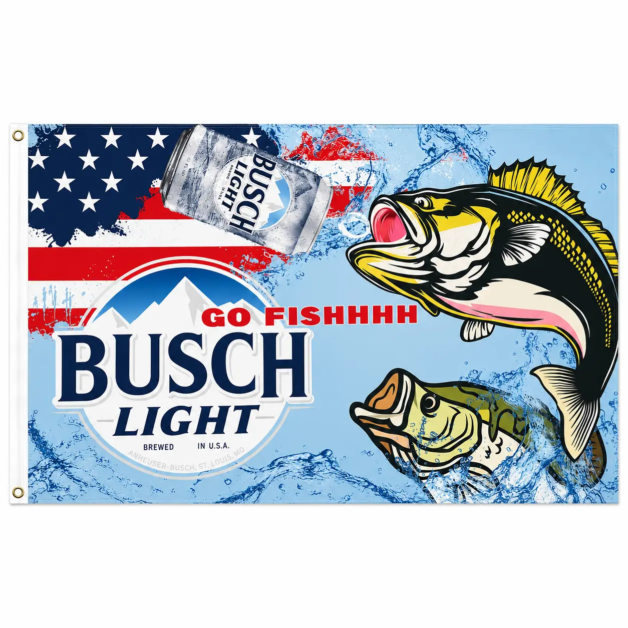 Busch Light Go Fishhh 3x5 Ft Flag, American Fishing Beer Banner, Bass Angler Garage Man Cave Wall Decor, Outdoor Lake House Gift for Fishermen