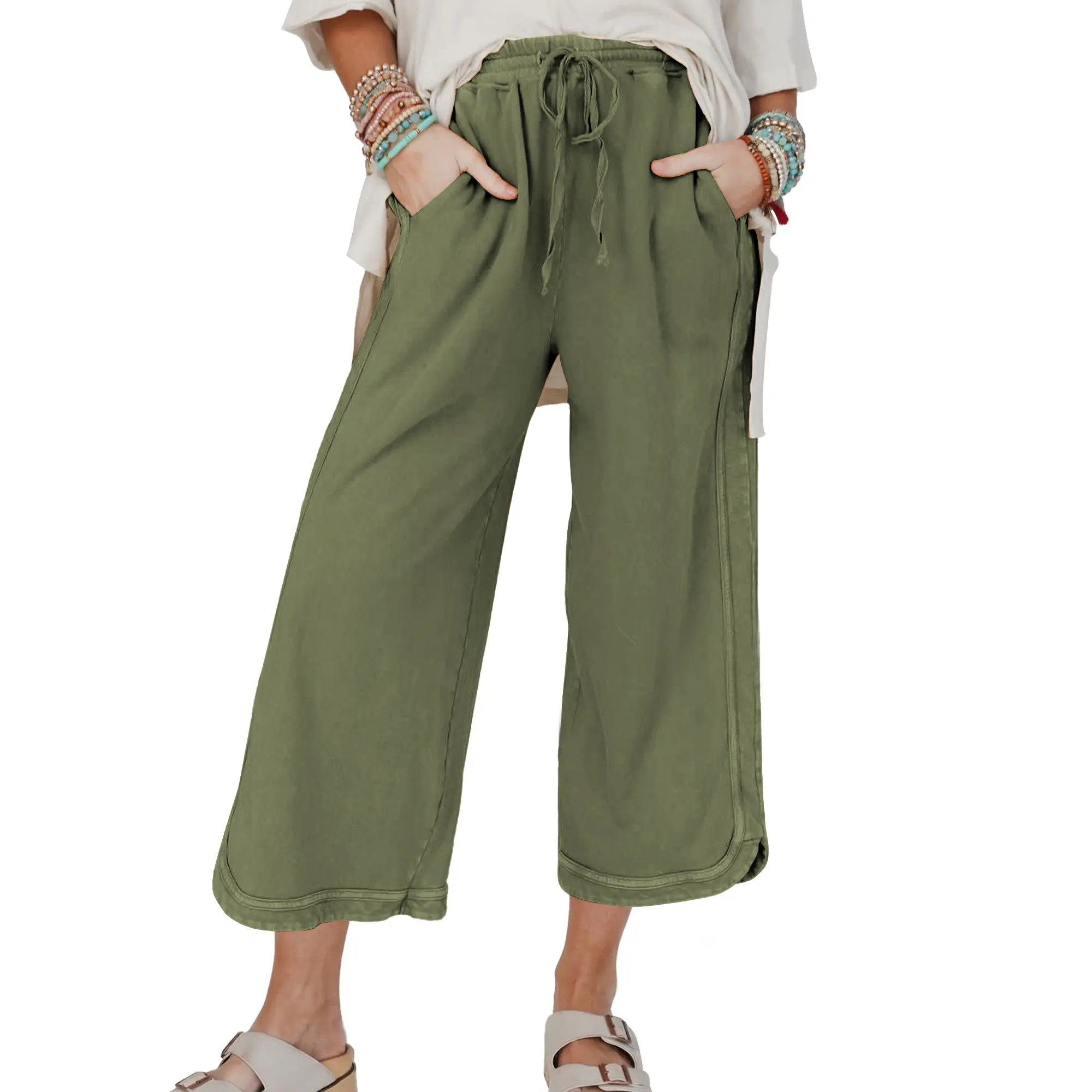 Songling Women's Vintage Sporty High-Waisted Baggy Wide-Leg Cropped Jogger Pants - Elastic Fit, Stonewashed Fabric, Drawstring Tie, Curved Slits, Casual Sweatpants