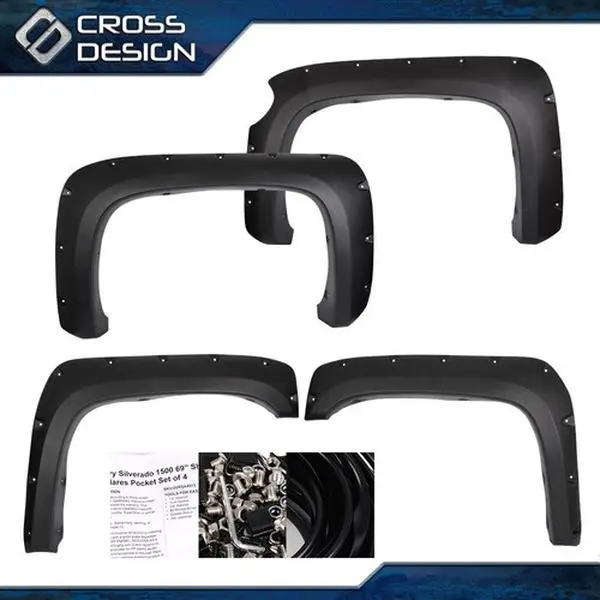 CROSSDESIGN 69.3" Polypropylene Pocket-Style Textured Black Fender Flares Set, Custom-Designed Wheel & Vehicle Guard, Mud/Sand Shield Car Exterior Accessories, W/ Hardware, Assembly Required for 07-13 Chevy Silverado 1500, Brand New In Original Box
