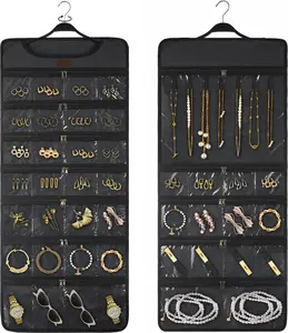Hanging Jewelry Organizer with Dual Zippered Pockets, Canvas Double Sided Rotating Hanger, Dustproof Wall Mount Holder for Necklace Earring Accessories Display Bag (Dark Grey)