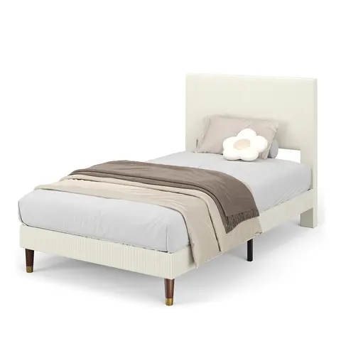 Corduroy Upholstered Bed Frame with Headboard – Strong Wooden Slats, No Box Spring Needed, Easy Assembly Platform Bed