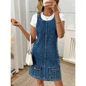 Women's casual denim workwear, sleeveless fashionable washed blue denim dress, double pocket design at the hem, adjustable shoulder straps, suitable for wearing in spring, summer, autumn, and winter.RAIMENTRY