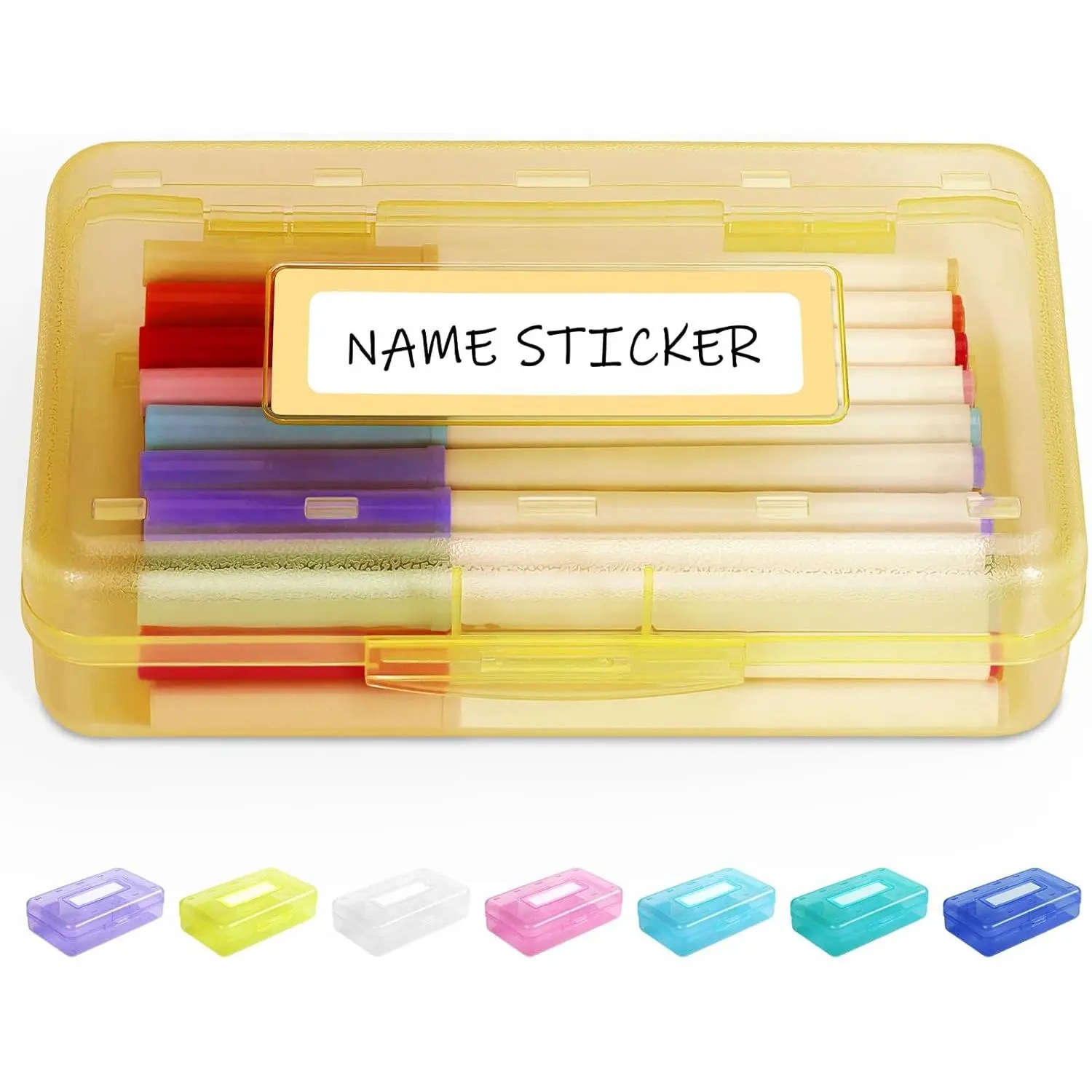 L-PCB028 Pencil Box with Personalized Sticker, Large Hard Pencil Case Organizer, Clear Plastic Crayon Box for Girls and Boys, Colored Marker Organizer, Small Plastic Containers/Bins with Lids, Art Supply