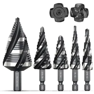 THINKWORK Four Spiral Flute Step Drill Bit Set, 5 Pcs Unibit HSS Step Drill Bits (1/8"-1-3/8") for Aluminum, Wood, Plastic & Metal Applications