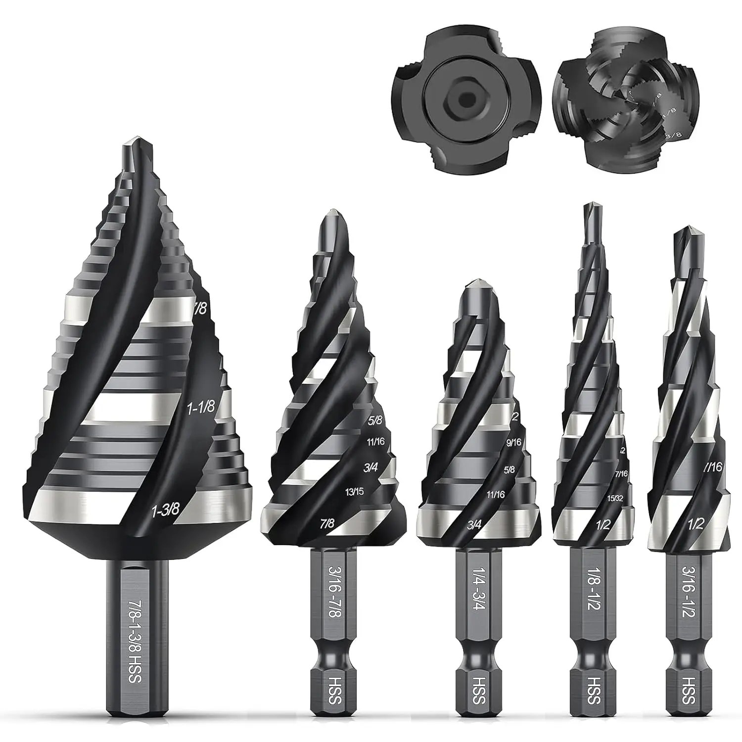 【Fall Deals For You】THINKWORK Four Spiral Flute Step Drill Bit Set, 5 Pcs Unibit HSS Step Drill Bits (1/8"-1-3/8") for Aluminum, Wood, Plastic & Metal