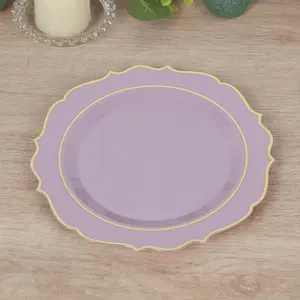 10-Pack Plastic Round Dessert Plates 8" Lavender Lilac with Gold Scalloped Rim - Disposable Appetizer/Salad Plates