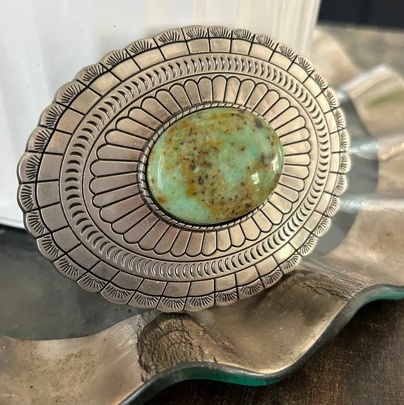 Genuine Gift One of a Kind Large Teal Stone Belt Buckle - Leather Cowboy Western Silver Concho for Mens & Womens with Turquoise Finish