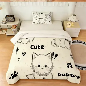 Cute Sketch Pet Cat Duvet Cover Set, 2/3 Pieces, Coquette Aesthetic Bedding, Smooth Microfiber Fabric, Without Comforter & Pillow Inserts, Ideal for Bedroom/Dorm Decoration, Great Holiday Gift Option