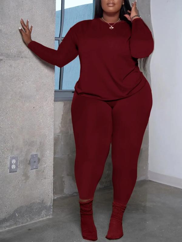 Women's Plus Size 2-Piece Set, Long-Sleeve Round-Neck Top & Pants, Casual Athleisure Wear Set Home Sportswear for Daily Wear