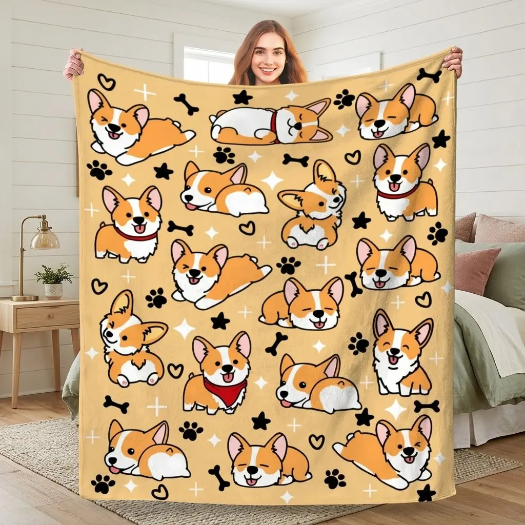 Cute Corgi Dog Flannel Fleece Blanket - Adorable Look, Cozy Texture Throw for Sofa Bed, Versatile Home Decor, Ideal Dog Lover Gift for Pet Lovers