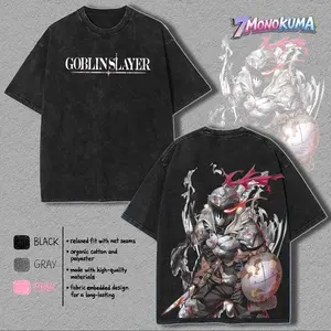 Vip Golbin slayer Washed Tee, Unisex Anime Manga Washed Heavyweight Cotton T-shirt, Gift For Anime Fan, Anime Lover shirts men fisherman father Menswear Top Black Casual Crewneck Shortsleeve graphic