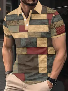 Men's Patchwork Graphic Short Sleeve Polo Shirt, Casual Fashion Men's Clothing, Printed Top, Summer New Collar Design, Classic