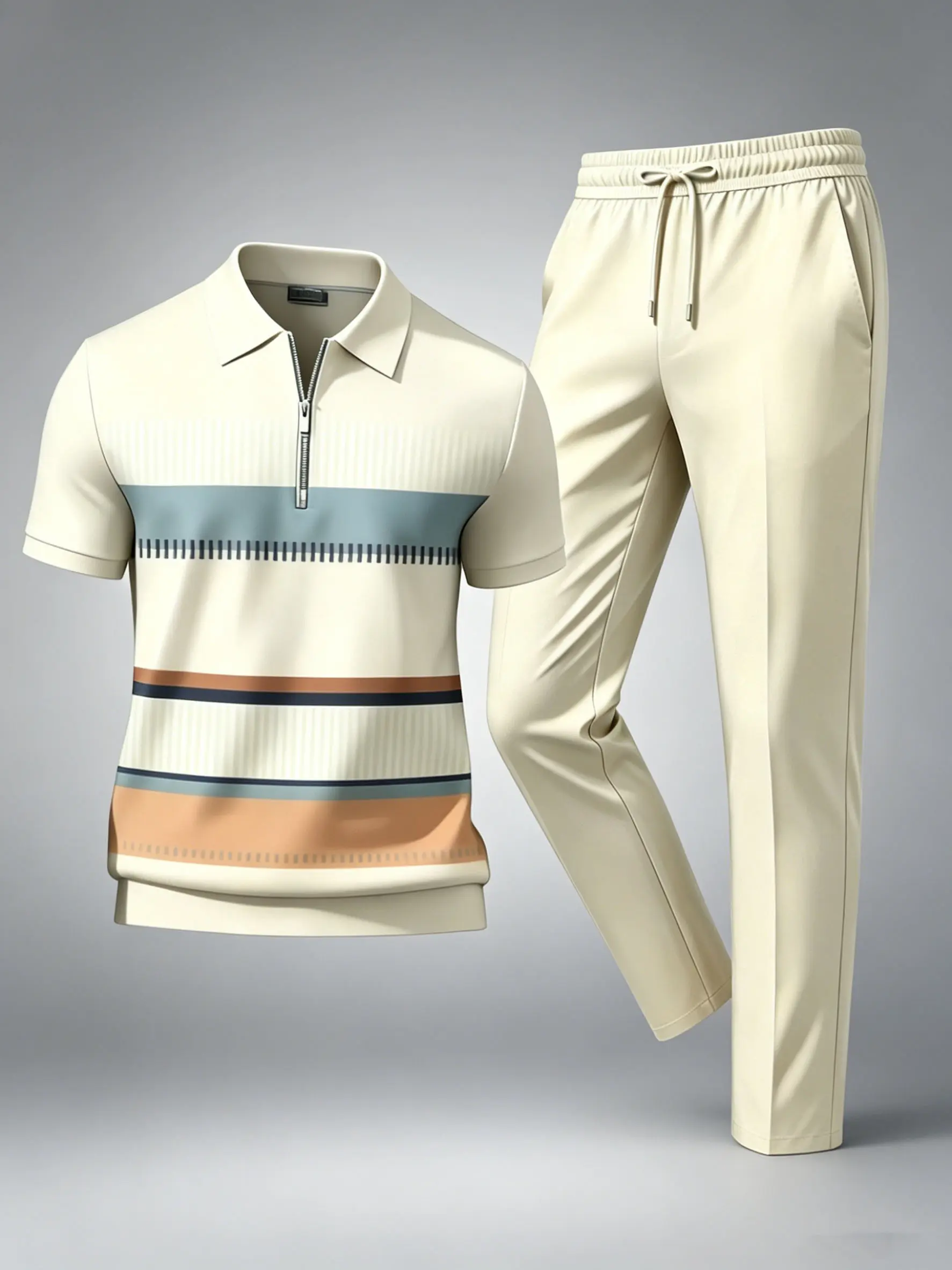 Men's 2-Piece Casual Suit Set - Fashionable Summer New, Semi-Open Placket Zipper Short-Sleeved Top, Versatile Outdoor Sports Pants, Modern Touch, Machine Washable, Men's 2 Piece Sets